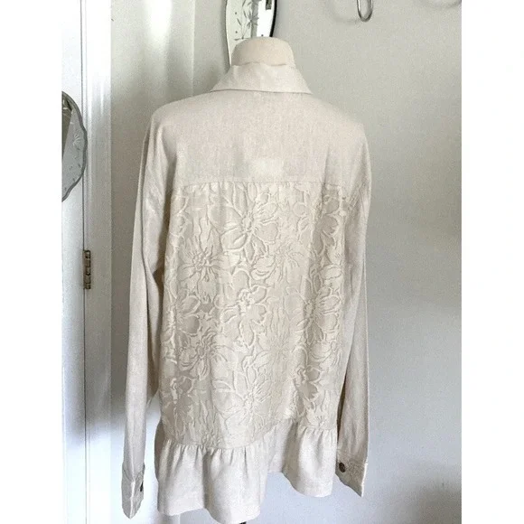 NWT Simply Noelle Shirt Size 12-14 Tan lace Back Ruffle TradWife Boho - Picture 11 of 12